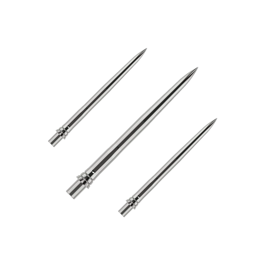 Punte per freccette Caliburn EVO - Lisce - Argento Das Bild zeigt silberne Dartspitzen mit einer glatten Oberfläche, wahrscheinlich aus Metall. Die Dartspitzen sind 28mm lang und werden als Set präsentiert.