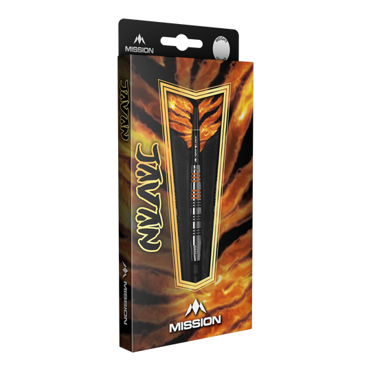 Freccette morbide Mission Javan Brass - 18 g Die Abbildung zeigt die Verpackung der "Mission Javan Brass Softdarts - 18g". Die Verpackung ist auffällig gestaltet und zeigt einen einzelnen Dartpfeil durch ein Sichtfenster.