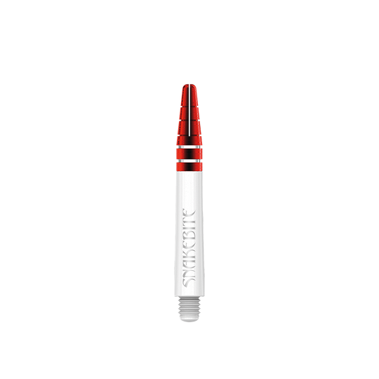 C803_Red_Dragon_Nitrotech_Peter_Wright_White_Red_Shafts_39mm_12xmZopmpw5NS1 Das Bild zeigt einen Red Dragon Nitrotech Peter Wright Red Shaft in 39 mm Länge. Der Schaft ist weiß mit roten und silbernen Akzenten gestaltet und trägt die Aufschrift "Snakebite".