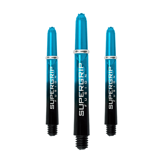 HR346_Harrows_Supergrip_Fusion_Shafts_Aqua_40mm_1IkaPnnB9vqzh7 Das Bild zeigt drei Harrows Supergrip Fusion Shafts in der Farbe Aqua. Die Shafts sind oben blau und unten schwarz mit weißer Schrift.