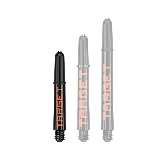 Aste Target Pro Grip TAG - 3 set - Nero Arancione Auf dem Bild sind drei schwarze Dartschäfte in unterschiedlichen Längen zu sehen. Auf jedem Schaft steht in orangefarbener Schrift das Wort "TARGET".