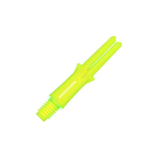 Alberi a L stile L bloccati dritti - Giallo neon Das Bild zeigt einen neongelben geraden Flightschaft für Dartpfeile. Der Schaft hat ein Schraubgewinde an einem Ende und eine offene Gabel am anderen Ende.