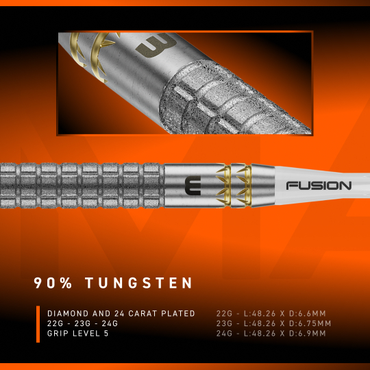 Freccette in acciaio Winmau Gian Van Veen W-MAX Switch Point Die Abbildung zeigt die Winmau Gian Van Veen W-MAX Switch Point Steeldarts. Drei Darts liegen nebeneinander auf einer weißen Fläche.