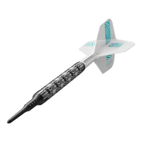 Freccette morbide Target Rob Cross 95K Swiss Point - 18 g Auf dem Bild ist ein Target Rob Cross 95K Swiss Point Softdart mit 18g zu sehen. Der Dart hat einen strukturierten silbernen Barrel, eine schwarze Spitze und weiße Flights mit türkisfarbenen Akzenten.