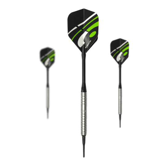 Freccette morbide McDart 85 Tungsten V16 - 16,5 g Mehrere McDart 85er Tungsten V16 Softdarts - 16,5g sind als Set dargestellt. Die Details sind klar zu erkennen.