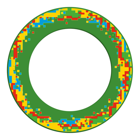 McDart Pixel Dartboard Surround Ein Dartboard-Surround mit Mosaikmuster und markanten Details wird vorgestellt. Die Form bleibt rund und gleichmäßig.