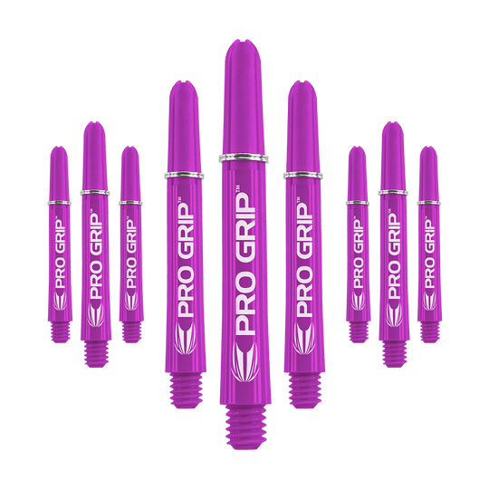 Das Bild zeigt neun lilafarbene Dartshafts mit der Aufschrift "PRO GRIP". Sie sind in drei Reihen angeordnet und stehen aufrecht nebeneinander.