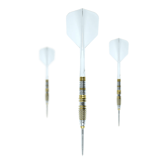 Caliburn Players Darts Lee Soon An Gold Spear Steeldarts - 23 g Caliburn Players Darts Lee Soon An Gold Spear Steeldarts mit 23 Gramm. Das Bild zeigt ein Set von Steeldarts mit goldenem Design.