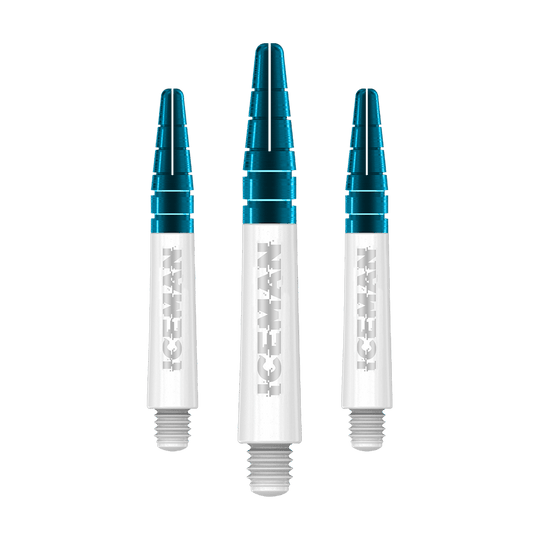 C634_Red_Dragon_Nitrotech_Gerwyn_Price_Shafts_White_36mm_1 Das Bild zeigt drei weiße Dartschäfte mit blauen Spitzen. Auf den Schäften steht in silberner Schrift das Wort "ICEMAN".