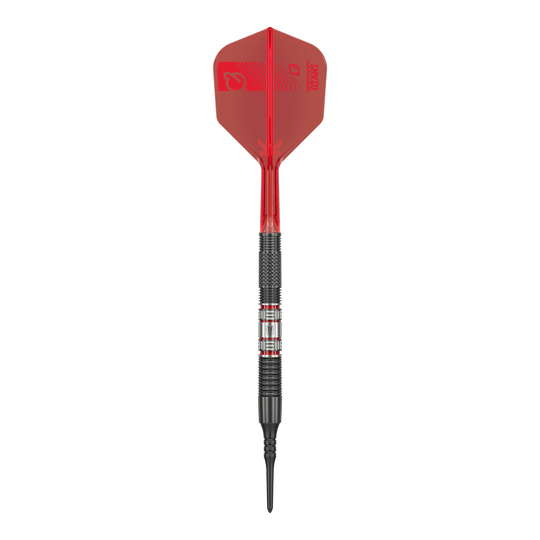 Freccette morbide Target Gabriel Clemens 95K - 19 g Das Bild zeigt einen Softdartpfeil des Modells „Target Gabriel Clemens 95K Softdarts - 19g“. Der Pfeil hat eine rote Flight, einen schwarzen Griffbereich und eine schwarze Spitze.