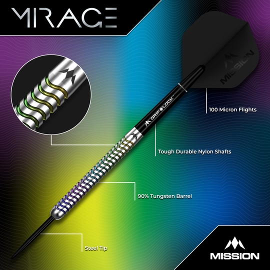 Freccette in acciaio Mission Mirage Mission Mirage Steeldarts sind für das Dartspiel entwickelt. Diese Aufnahme stellt das Modell in Nahaufnahme dar.