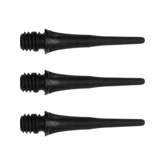 X9078_Cosmo_Fit_Point_Plus_2BA_Spitzen_Schwarz_1 Das Bild zeigt drei schwarze Dartspitzen mit Schraubgewinde. Sie sind nebeneinander auf weißem Hintergrund angeordnet.