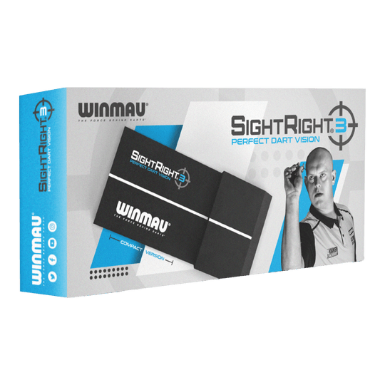 Winmau SightRight 3 - Compatto Die Abbildung zeigt die Verpackung des Produkts "Winmau SightRight 3 - Compact". Auf der Box ist ein Dartspieler zusammen mit dem Produkt abgebildet, das für perfektes Dart-Zielen entwickelt wurde.