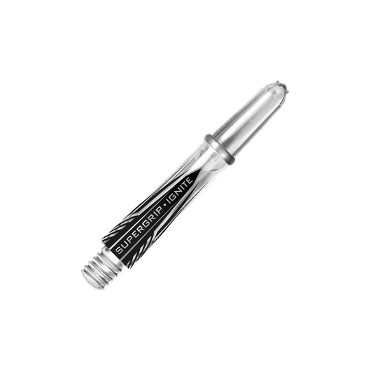 HR392_Harrows_Supergrip_Ignite_Shafts_Clear_33mm_2 Das Bild zeigt einen klaren Harrows Supergrip Ignite Shaft für Darts. Auf dem Schaft steht der Schriftzug "SUPERGRIP IGNITE".