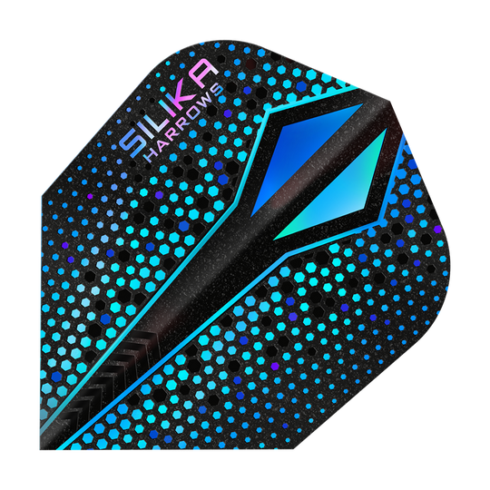 Harrows Silika Colorshift Rivestimento cristallino resistente Blue-X No6 Alette Das Bild zeigt ein Dart-Flight mit dem Namen "Harrows Silika Colourshift Tough Crystalline Coating Blue-X No6". Das Flight hat ein modernes Design mit blauen und schwarzen hexagonalen Mustern und einer glänzenden Oberfläche.