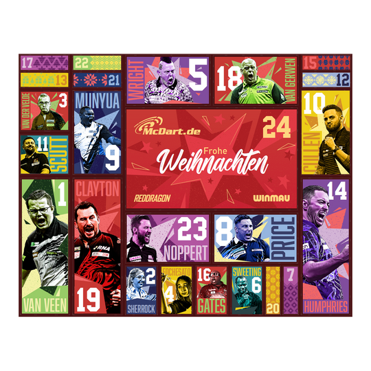 Calendario dell'Avvento 2026 con freccette in acciaio McDart Der McDart Steel-Darts Adventskalender 2026 ist auf diesem Bild zu sehen. Die Verpackung zeigt attraktive Darts-Motive und weihnachtliches Design.