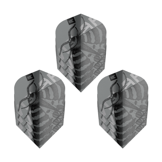 Target Pro Ultra Volar No6 Flights - 3 set Das Bild zeigt drei Sets von Target Pro Ultra Volar No6 Flights. Die Flights sind grau mit einem schwarzen Insektenmuster gestaltet.