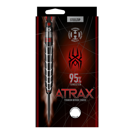 Freccette d'acciaio Atrax di Harrows Auf dem Bild ist eine Verpackung für Steeldarts der Marke Harrows zu sehen. Die Darts bestehen zu 95% aus Tungsten und sind mit Titan-Nitrid beschichtet.