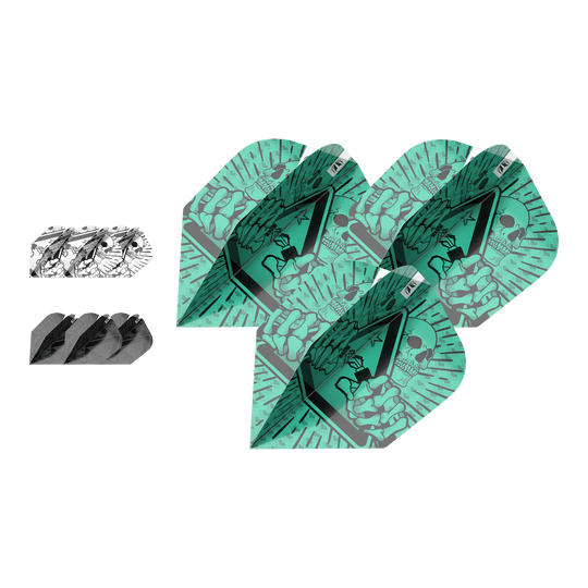 Target Ink Bundle 3 set di alette Rob Cross No6 Das Bild zeigt drei verschiedene Sets von Dartflights aus dem "Target Ink Bundle 3 Sets Rob Cross No6 Flights". Die Flights haben auffällige Designs in Grün, Schwarz und Weiß mit grafischen Motiven.