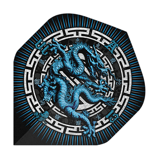 Alchimia Anno del Drago n. 2 Voli Standard Das Bild zeigt das Produkt "Alchemy Year Of The Dragon No2 Standard Flights". Auf dem Flight ist ein blauer Drache in einem dekorativen, kreisförmigen Muster abgebildet.