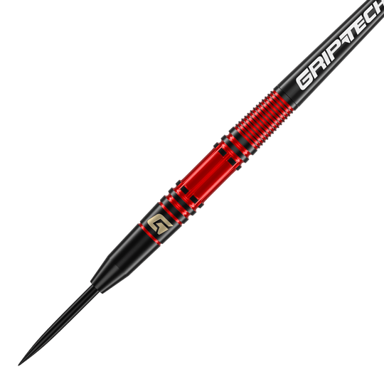 Freccette in acciaio GOAT Athlete in ottone rosso - 11 g Das Bild zeigt einen GOAT Athlete Red Brass Steeldart mit einem Gewicht von 11 Gramm. Der Dart hat ein auffälliges rotes und schwarzes Design mit dem Schriftzug "GRIPTECH" auf dem Schaft.
