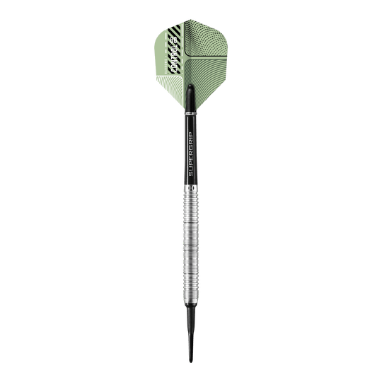 Harrows controlla i Softdarts paralleli Das Bild zeigt einen Harrows Control Parallel Softdart mit einem silbernen und schwarzen Schaft. Die Dartflügel sind grün gemustert und tragen das Markenlogo.