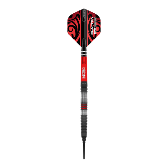 Freccette morbide Red Dragon Jonny Clayton Hiraeth - 20 g Das Bild zeigt einen Softdart der Marke Red Dragon, Modell "Jonny Clayton Hiraeth" mit einem Gewicht von 20 Gramm. Der Dart ist überwiegend in den Farben Rot und Schwarz gestaltet und hat ein auffälliges Muster auf dem Flight.