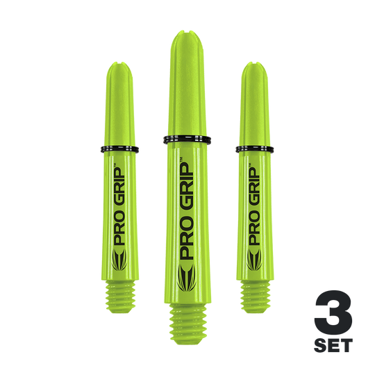Target Pro Grip Shafts - 3 set - Verde lime Das Bild zeigt drei limegrüne Pro Grip Shafts für Dartpfeile. Unten rechts steht "3 Set", was anzeigt, dass es sich um ein Set mit drei Stück handelt.