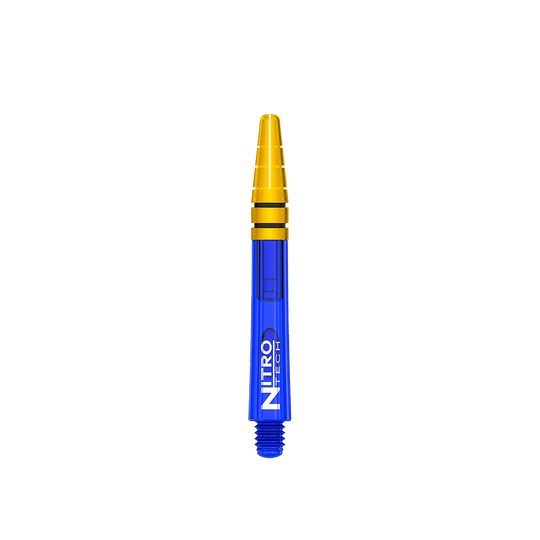 C799_Red_Dragon_Nitrotech_Shafts_Blau_Gold_39mm_1Y7u22MrYH4ORG Das Bild zeigt einen Red Dragon Nitrotech Shaft in Blau und Gold mit einer Länge von 39 mm. Auf dem blauen Schaft steht der Schriftzug "Nitro Tech".