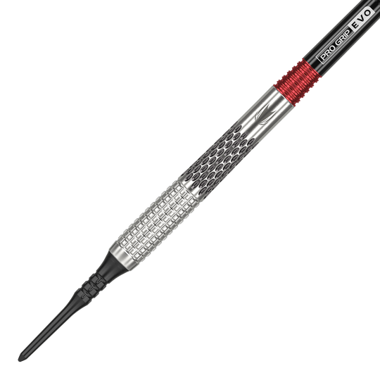 Freccette morbide Target Stephen Bunting GEN5 - 18 g Das Bild zeigt einen Target Stephen Bunting GEN5 Softdart mit einem Gewicht von 18g. Der Dart hat ein silbernes Griffstück mit schwarzen und roten Akzenten.