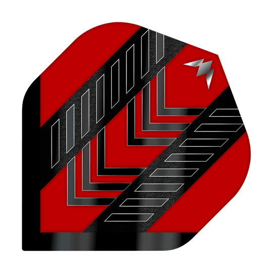 Missione Solo Rogue No2 Voli Standard Das Bild zeigt das Produkt "Mission Solo Rogue No2 Standard Flights". Das Flight ist rot mit schwarzen und silbernen Mustern und einem kleinen silbernen Symbol in der Ecke.