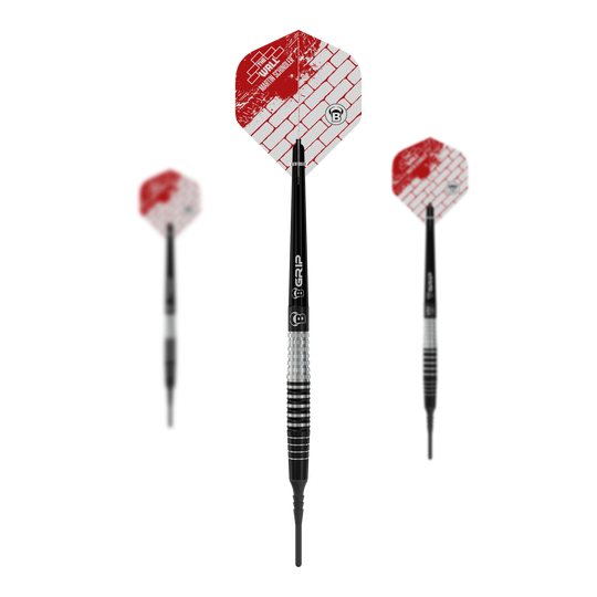 Bulls Martin Schindler Original Generation 3 freccette morbide Das Bild zeigt drei Softdarts des Modells „Bulls Martin Schindler Original Generation 3“. Die Darts haben schwarz-silberne Schäfte und rot-weiße Flights mit Ziegelmuster.