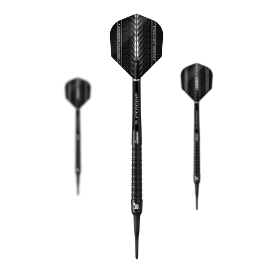 Freccette morbide Harrows Supergrip Black Edition Das Bild zeigt drei Harrows Supergrip Black-Edition Softdarts in schwarzem Design. Die Darts haben schlanke Griffe und moderne Flights mit weißen Akzenten.