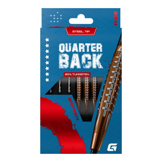 Freccette in acciaio al tungsteno GOAT Quarterback V1 Das Bild zeigt die GOAT Quarterback V1 Tungsten Steeldarts in einer blauen Verpackung. Die Darts bestehen zu 90% aus Tungsten und haben eine Stahlspitze.