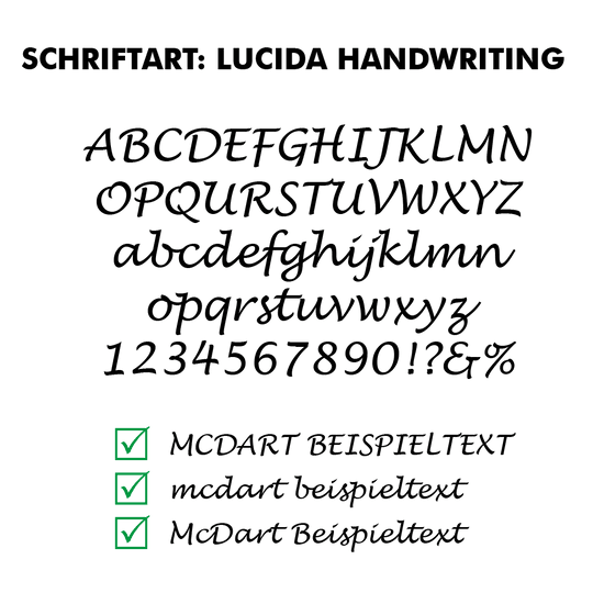 Flightdruck_Schriftart_LucidaHandwritingJL6dkRpa54zfF Dieses Bild zeigt die Schriftart „Lucida Handwriting“ mit allen Buchstaben, Zahlen und Sonderzeichen. Unten werden Beispieltexte in verschiedenen Schreibweisen der Schriftart angezeigt.