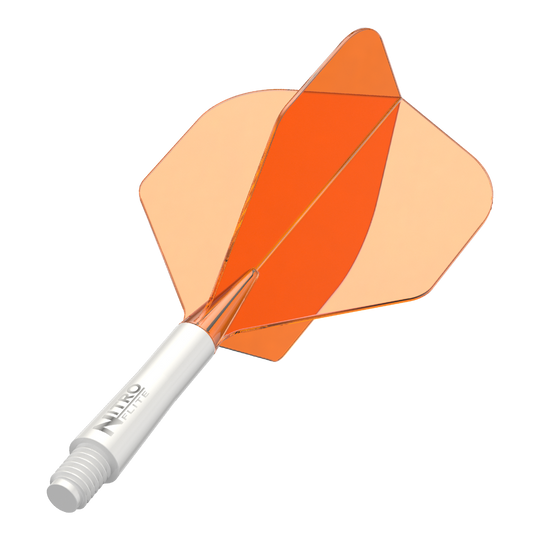 Abgebildet ist ein Dart-Schäfte-Set mit weißem Schaft und orangen Flights. Das Produkt scheint ein Red Dragon Nitroflite Modell in kurzer Ausführung zu sein.