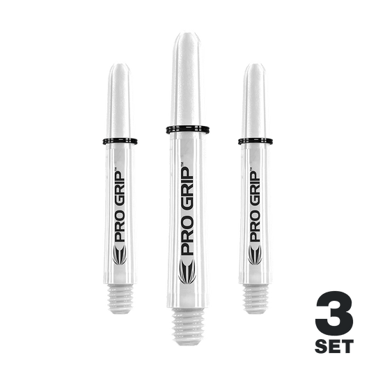 Das Bild zeigt drei weiße Pro Grip Shafts für Dartpfeile. Unten rechts steht "3 Set" geschrieben.