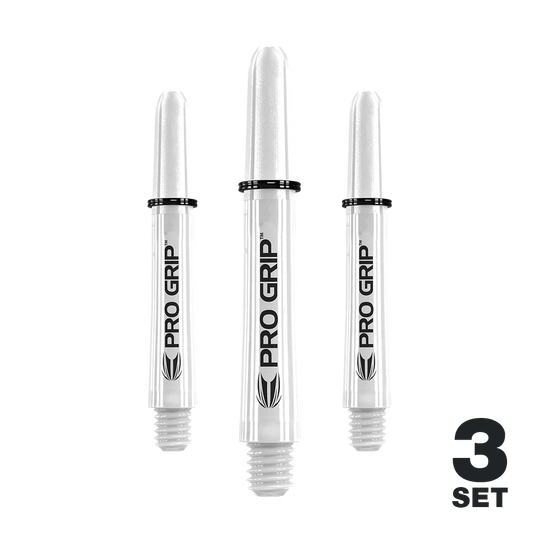 Target Pro Grip Shafts - 3 set - Bianco Das Bild zeigt drei weiße Pro Grip Shafts für Dartpfeile. Unten rechts steht "3 Set" geschrieben.