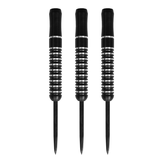 Barili McDart Void Steeldart - 23 g Auf dem Bild sind drei McDart Void Steeldart Barrels mit einem Gewicht von 23g zu sehen. Die Darts sind schwarz mit silbernen Rillen und haben eine schlichte, moderne Optik.