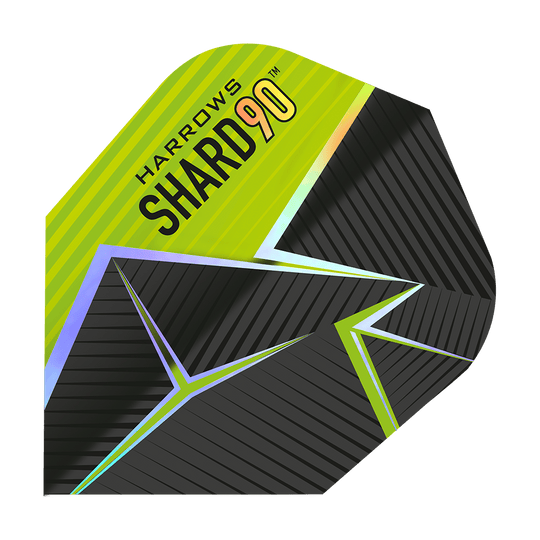 Voli Harrows Prime Shard No6 Das Bild zeigt ein Dart-Flight mit dem Namen „Harrows Prime Shard No6“. Das Design ist schwarz und gelb mit geometrischen Linien und dem Aufdruck „SHARD 90“.