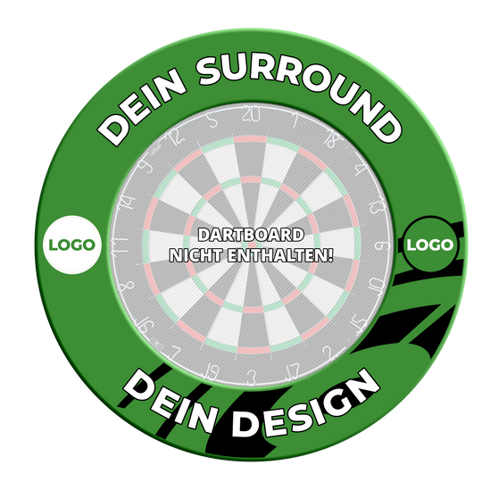 Das grüne Dartboard-Surround mit Wunschdruck ist aus einem weiteren Blickwinkel zu sehen. Es dient dem Schutz der Wand und dem besseren Spielerlebnis.