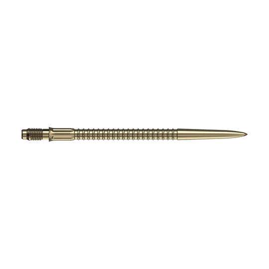 Punte per freccette Mission R2.5 Rapid Point GV1 - Oro Abgebildet sind goldene Dartspitzen von Mission R25 Rapid Point mit einer Länge von 40mm. Das Bild zeigt die Spitzen aus verschiedenen Perspektiven.