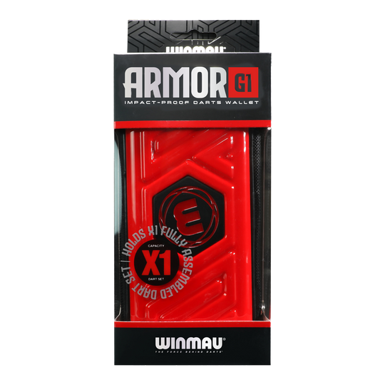 Portafoglio per freccette Winmau Armor G1 Das Bild zeigt eine rote Winmau Armor G1 Darttasche in ihrer Verpackung. Auf der Verpackung steht, dass sie ein vollständig montiertes Dart-Set aufnehmen kann.