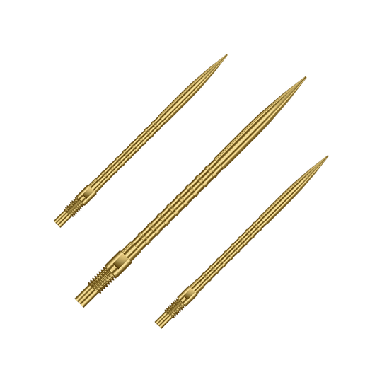Das Bild zeigt Harrows Quick Point Heavy Metal Grip Dartspitzen in Gold mit einer Länge von 40mm. Es handelt sich um ein Set von Dartspitzen.