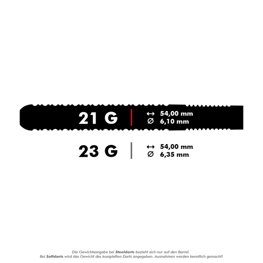 Das Bild zeigt die Spezifikationen von Steeldarts mit 21 g und 23 g Gewicht. Die Länge beträgt jeweils 54,00 mm, der Durchmesser liegt bei 6,10 mm bzw. 6,35 mm.