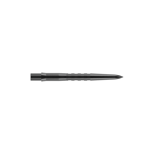 Das Bild zeigt eine schwarze, gerillte Steeldartspitze. Sie ist schmal, lang und hat eine spitze Vorderseite.