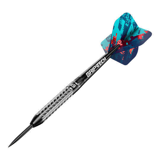 Freccette in acciaio al tungsteno GOAT Traction Das Bild zeigt einen GOAT Traction Tungsten Steeldart mit einer strukturierten Griffoberfläche und einer farbenfrohen Flight. Der Schaft trägt die Aufschrift "GRIPTECH" und die Spitze ist aus Stahl.