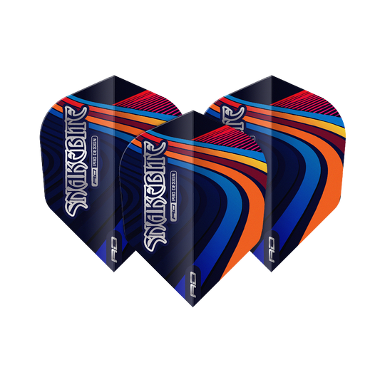 Voli Red Dragon Peter Wright Snakebite Multi Swirl No6 Das Bild zeigt drei bunte Dart-Flights mit dem Schriftzug "Snakebite". Die Flights haben ein auffälliges Muster in Blau, Orange, Rot und Gelb.