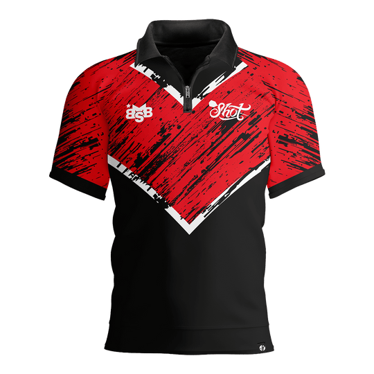 Camicia polo a righe rosse con freccette di Michael Smith Zu sehen ist das Shot Michael Smith Red Strip Polo Dartshirt. Das Hemd hat ein modernes Design mit roten Streifen.