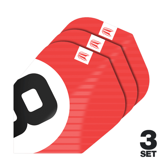 Alette Target Pro Ultra Chicane Red No6 - 3 set Das Bild zeigt drei Sätze der Target Pro Ultra Chicane Red No6 Flights. Die Flights sind überwiegend rot mit einem schwarzen und weißen Design sowie einem kleinen Logo in der Ecke.